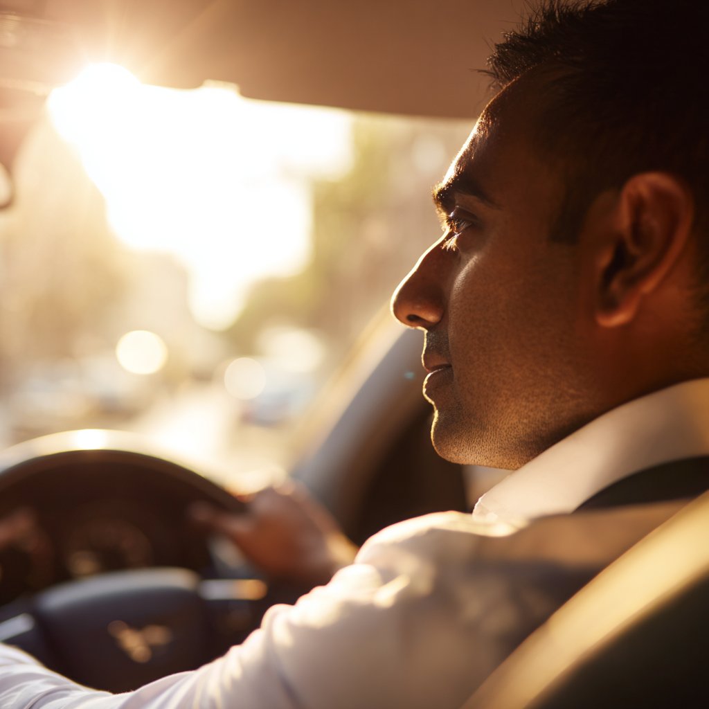 Licensed PHV driver at the wheel, calm focus, golden-hour light through the windscreen.