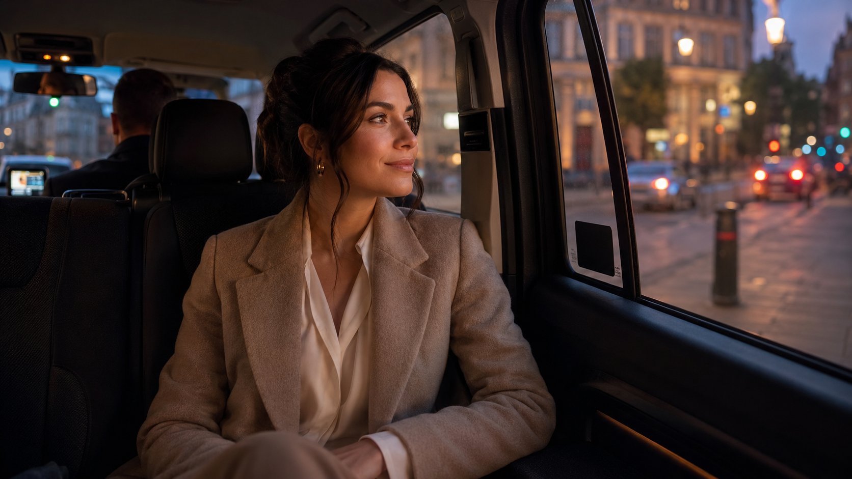 Woman in her late 20s sitting in the back of a taxi at dusk, looking out of the window calmly.