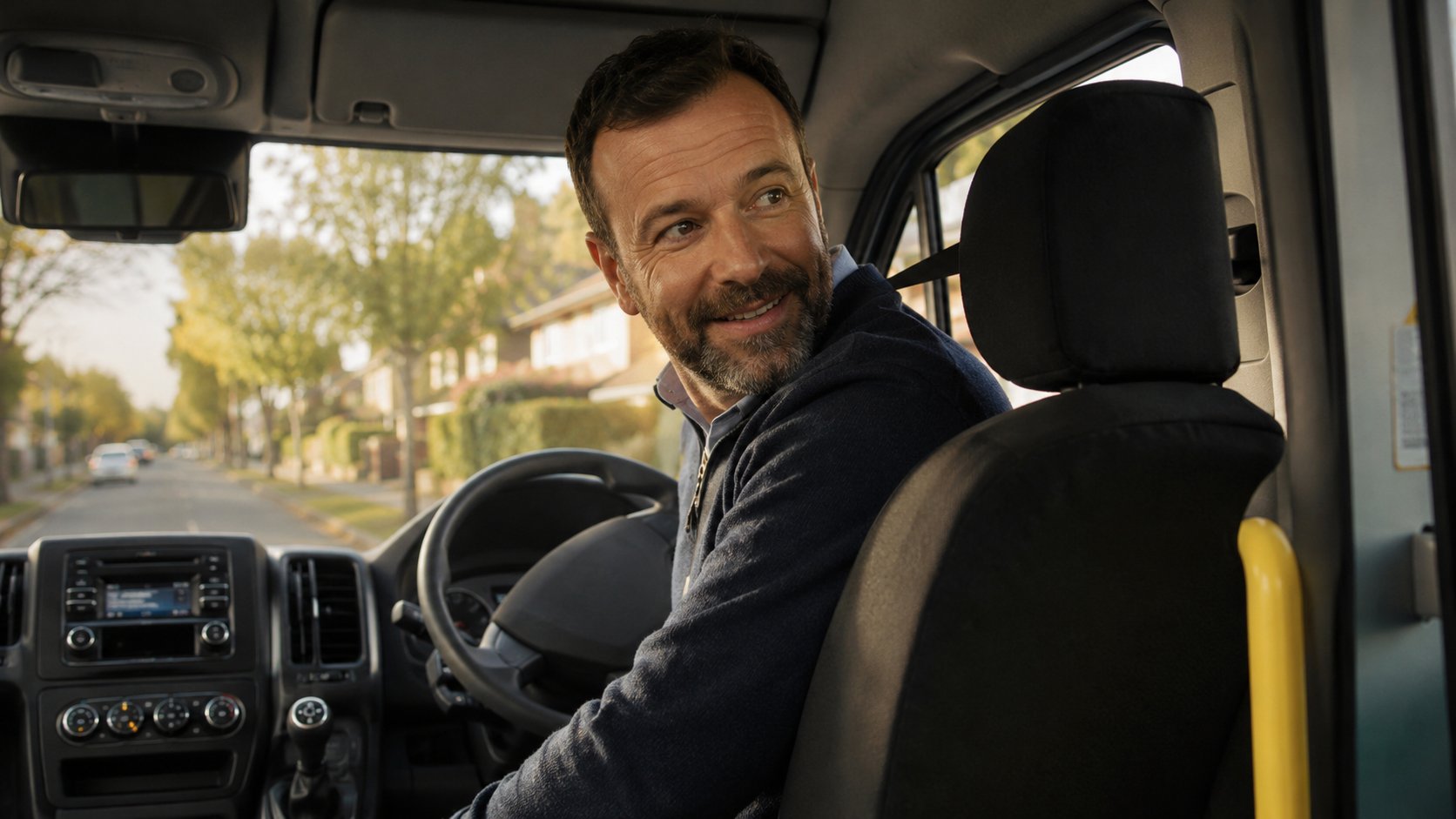 Smiling licensed minibus driver in their 40s, photographed from inside the cab, turned to look back into the vehicle with an attentive expression. Golden-hour suburban street through the windscreen.