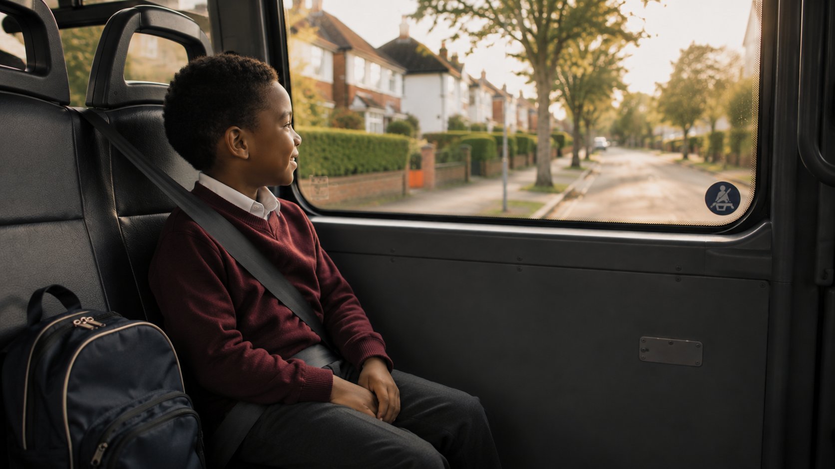 Primary-school-aged child in burgundy school uniform, seated calmly in a minibus passenger seat, looking out of the side window. Soft profile, relaxed posture, navy backpack on the seat alongside.